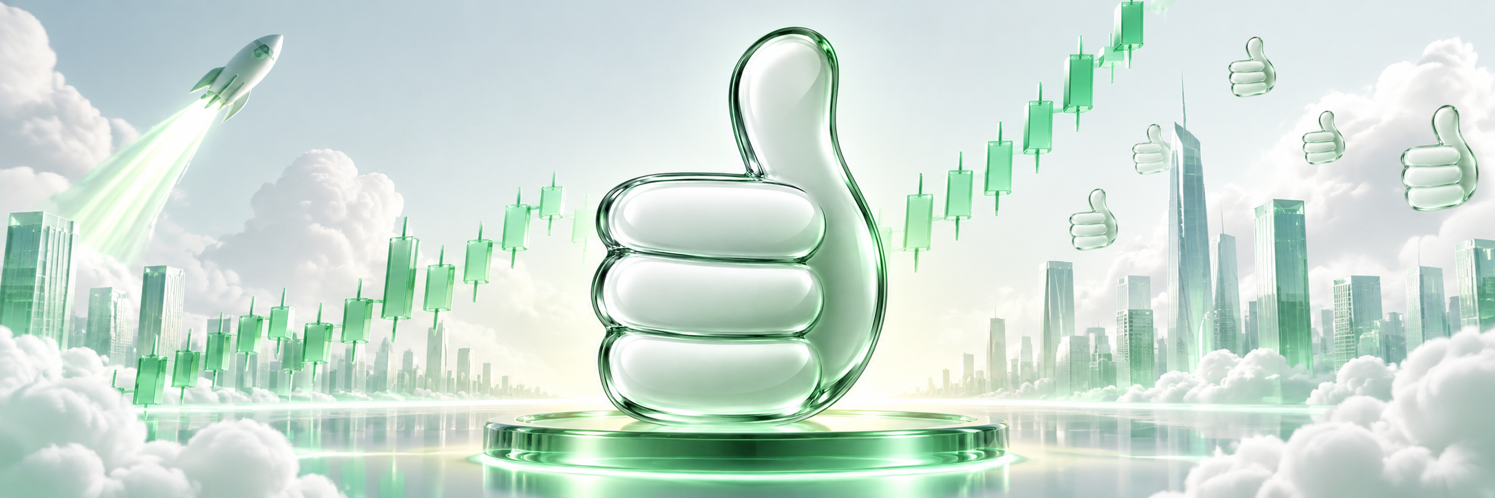 Glass SNOd thumbs-up on a mint plaza with rising green candlesticks